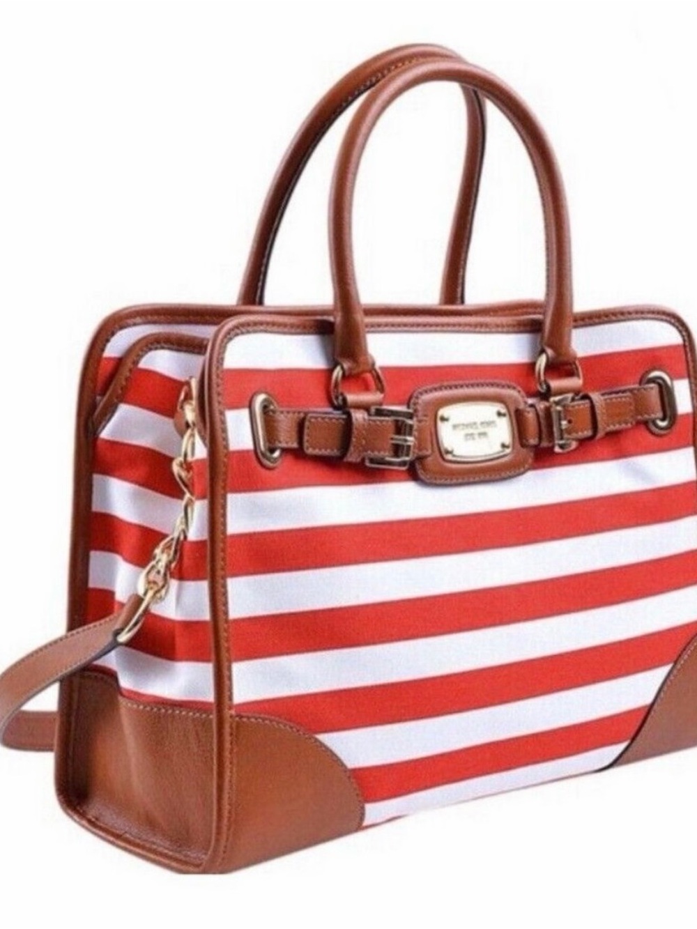 Michael Kors Red and White Striped Satchel with Brown Trim